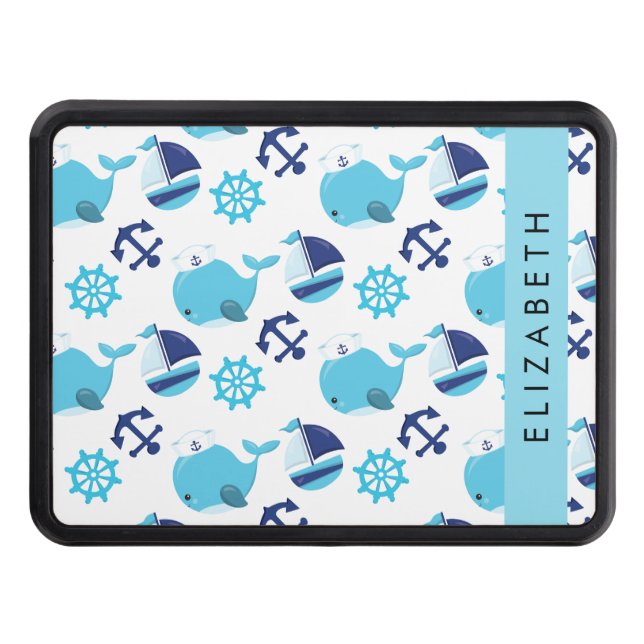 Mönster, valar, blåvalar, ditt namn dragkroksskydd (Framsidan)