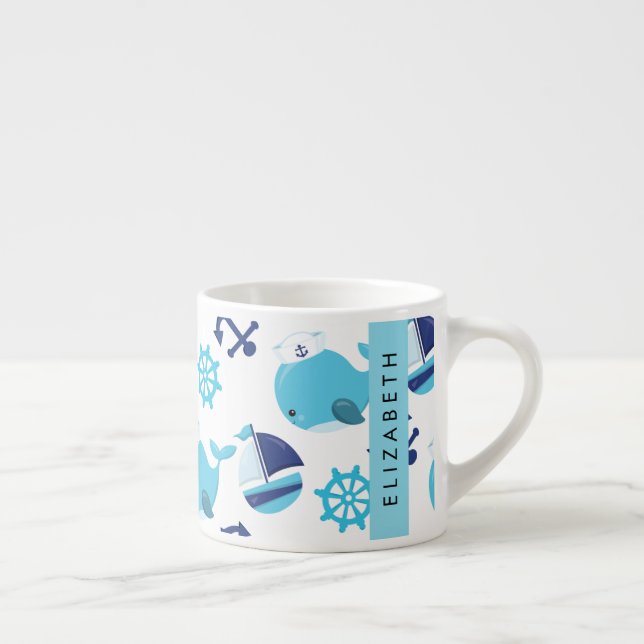 Mönster, valar, blåvalar, ditt namn espressomugg (Höger)