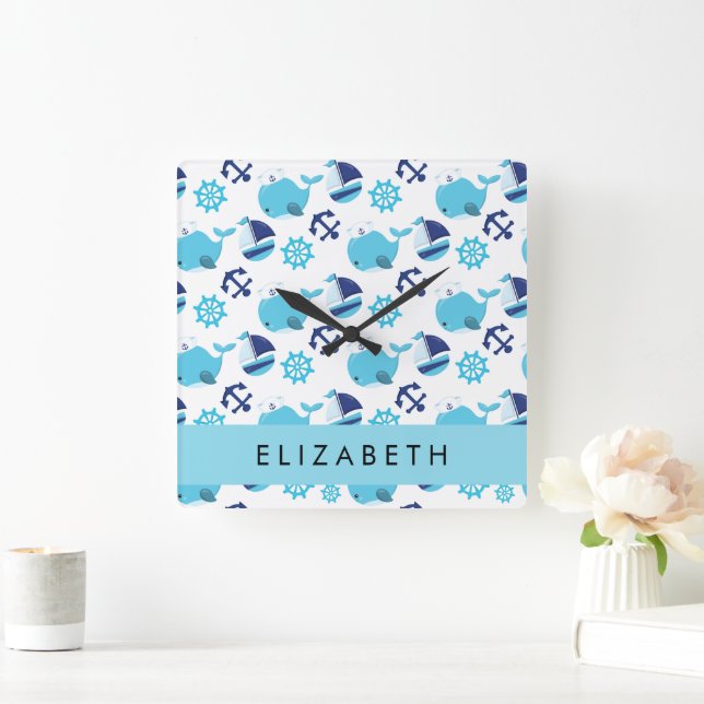 Mönster, valar, blåvalar, ditt namn fyrkantig klocka (Hem)