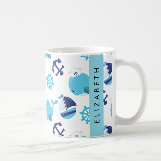 Mönster, valar, blåvalar, ditt namn kaffemugg (Höger)