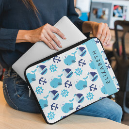 Mönster, valar, blåvalar, ditt namn laptop fodral