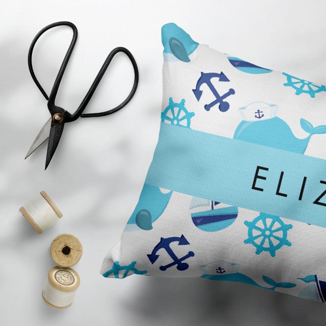 Mönster, valar, blåvalar, ditt namn prydnadskudde (Skapare uppladdad)