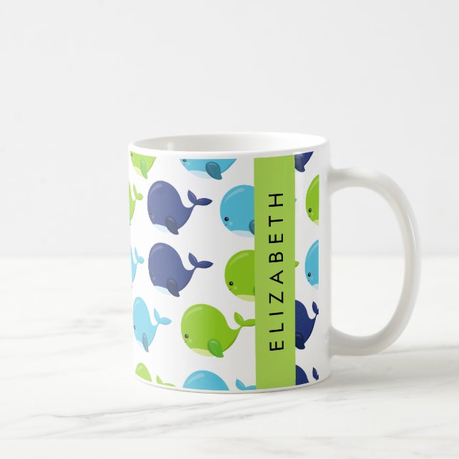 Mönster, valar, råvalar, ditt namn kaffemugg (Höger)