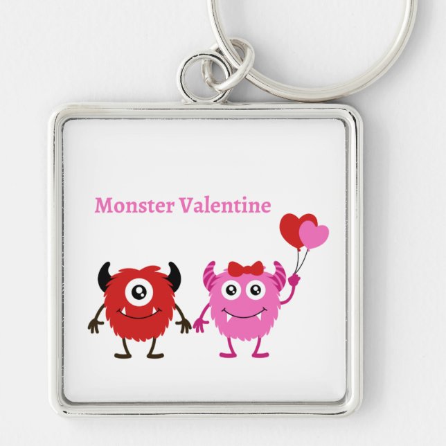 Monster Valentine med Valentine Monster Couple Fyrkantig Silverfärgad Nyckelring (Framsidan)