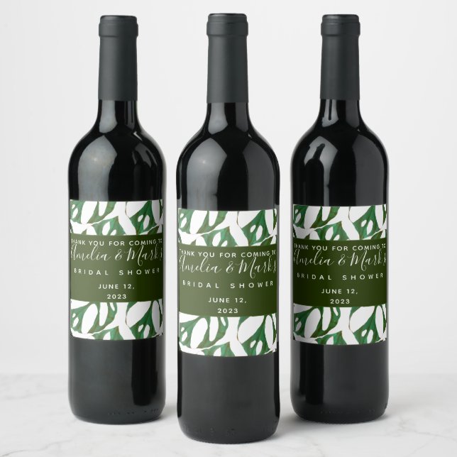 Monstera Adansonii blad bröllopsdusch  Vinflaska Etikett (Flaskor)