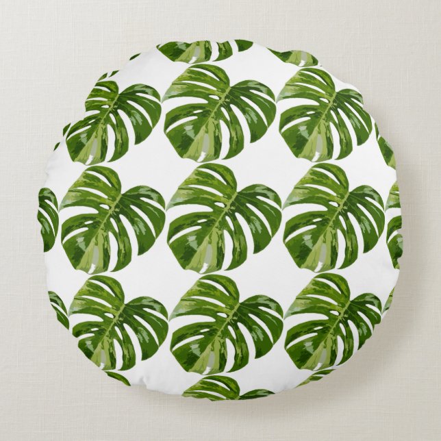 Monstera Albo-blad — Botanisk Hemdekor Rund Kudde (Framsidan)