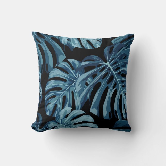 Monstera-anläggningen: Blue löv mönster. Kudde (Framsida)