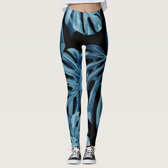 Monstera-anläggningen: Blue löv mönster. Leggings (Framsida)