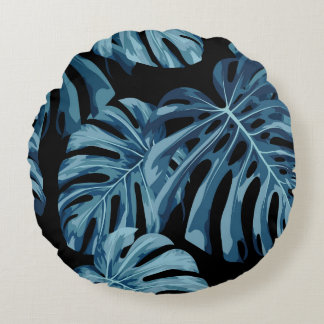 Monstera-anläggningen: Blue löv mönster. Rund Kudde