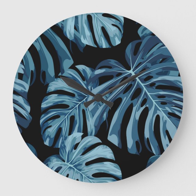 Monstera-anläggningen: Blue löv mönster. Stor Klocka (Framsida)