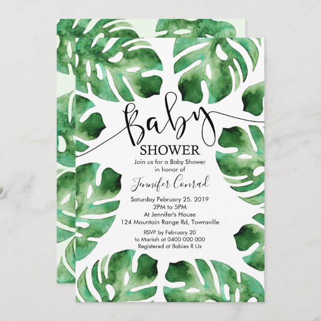 Monstera Baby Shower-inbjudan, Tropical Lövs Inbjudningar (Fram/baksida)