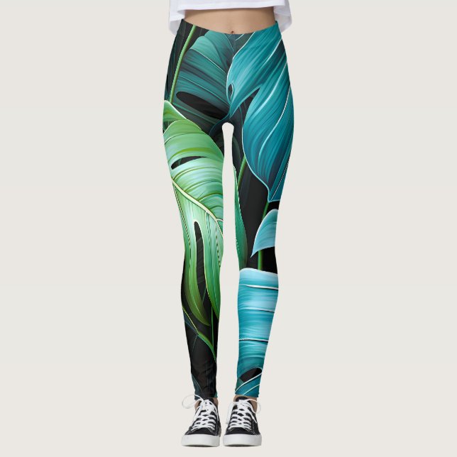 Monstera blad botanisk tropisk djungelbladverk  leggings (Framsida)