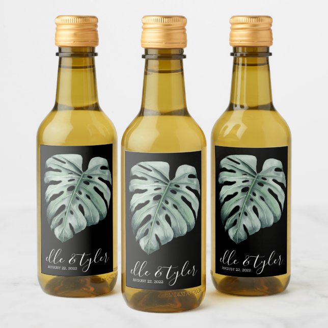 Monstera blad bröllop mini vinflaska etikett (Flaskor)
