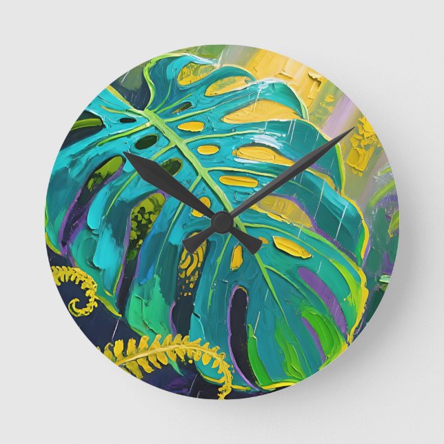 Monstera blad Djungel Regn Rund Klocka (Framsida)