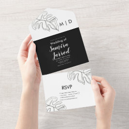 Monstera blad dubbel linjedesign svart vit bröllop