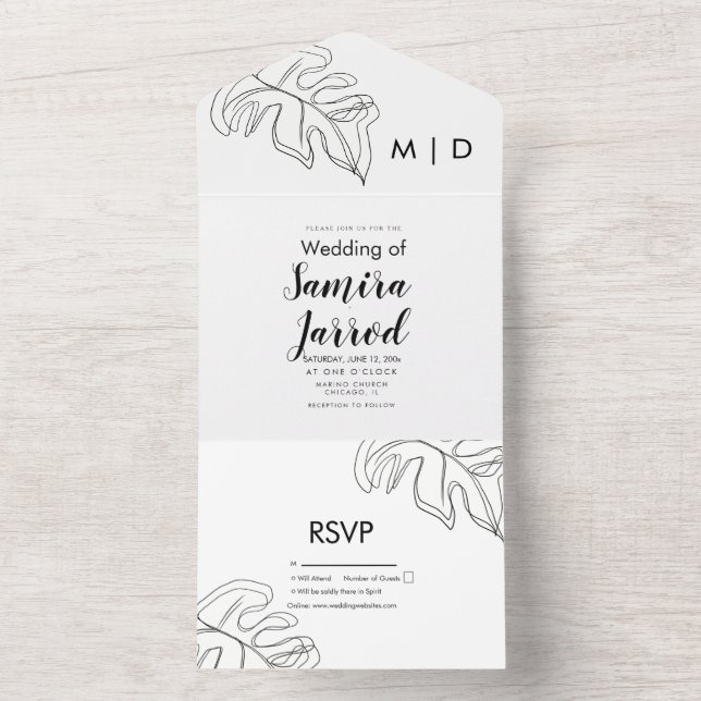 Monstera blad dubbel linjekonst svart vit bröllop  (Insida)