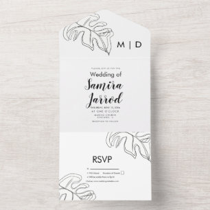 Monstera blad dubbel linjekonst svart vit bröllop 