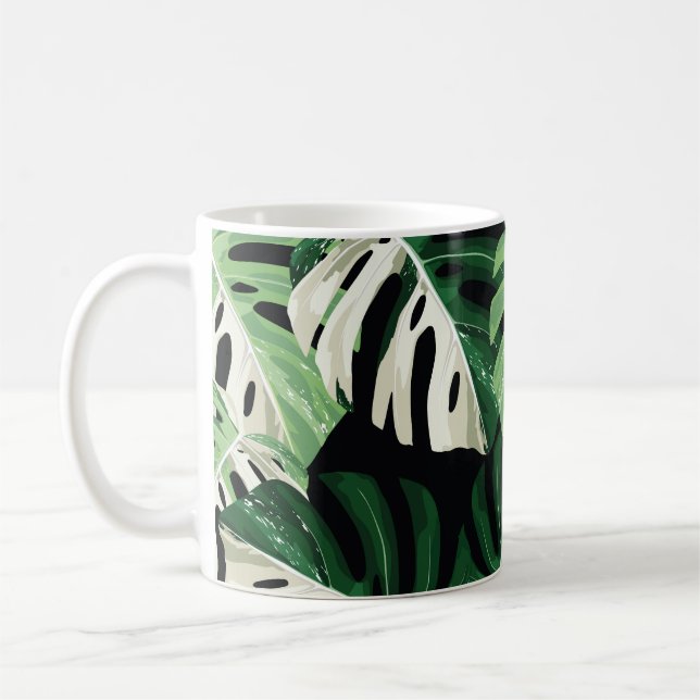 Monstera blad exotiskt svart mönster kaffemugg (Vänster)