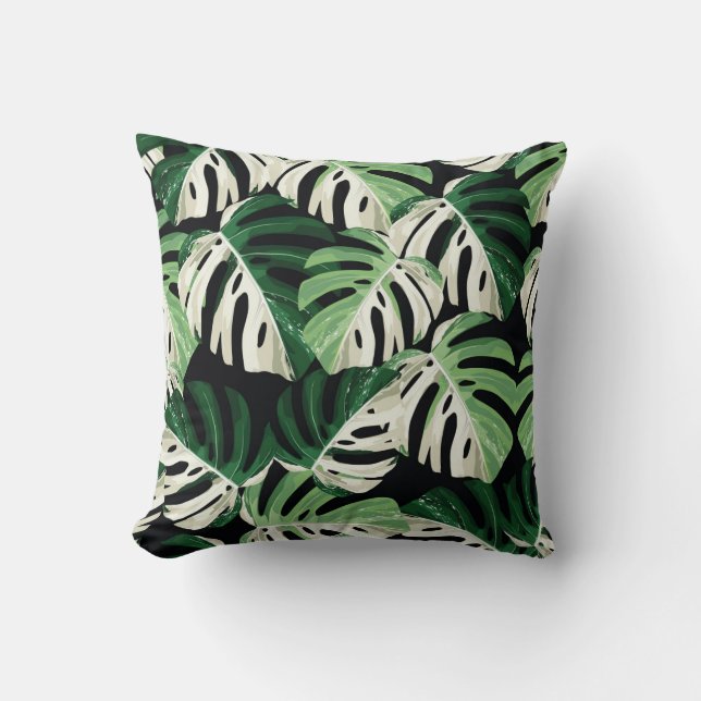 Monstera blad exotiskt svart mönster kudde (Framsida)