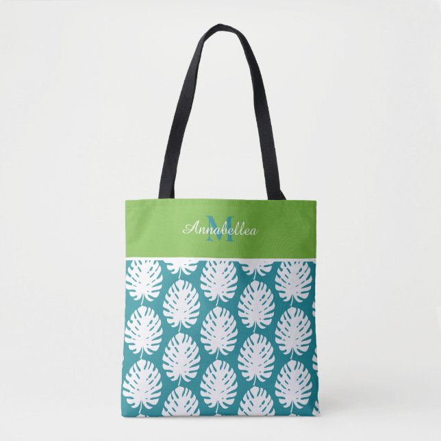 Monstera blad grön Aqua vit monogram strand pool Tygkasse (Framsida)