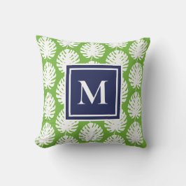 Monstera blad grön marin modern monogram kust kudde
