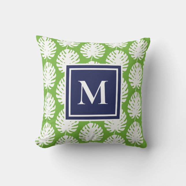 Monstera blad grön marin modern monogram kust kudde (Framsida)