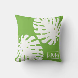 Monstera blad grön vit kustmodern kudde