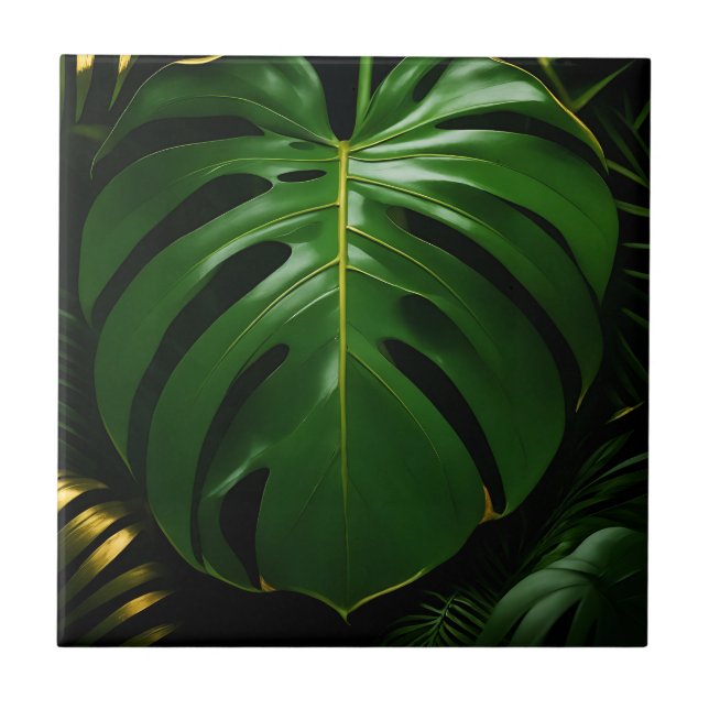 Monstera blad Guld Djungel Glamour Kakelplatta (Framsidan)