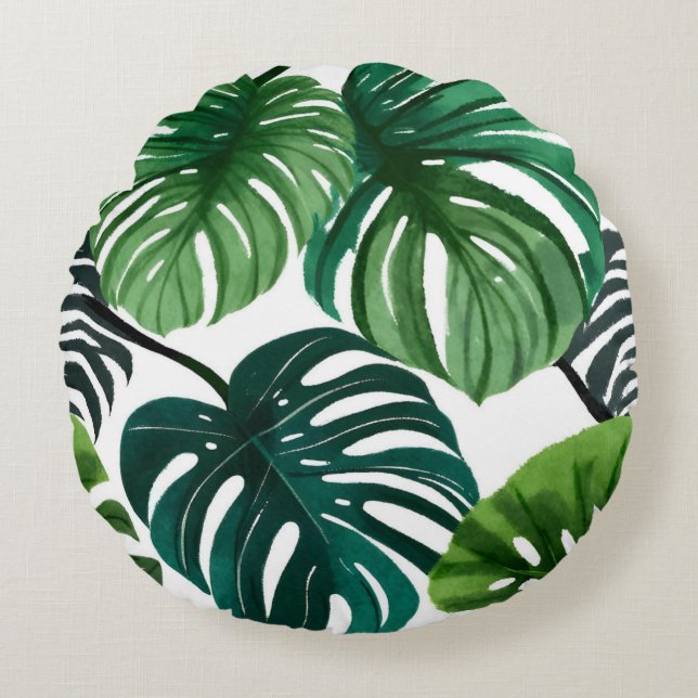 Monstera blad Modern Akvarell Botanisk Rund Kudde (Framsidan)