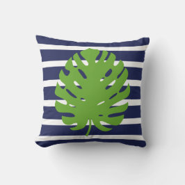 Monstera blad Navyblå och vit randig kuststil Kudde