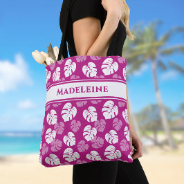 Monstera blad tropisk rosa vit magenta monogram tygkasse