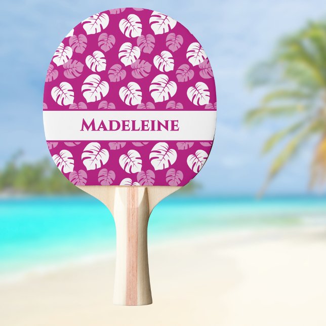 Monstera blad Tropisk Rosa Vitt Magenta Monogram Pingisracket (Skapare uppladdad)