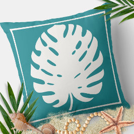 Monstera blad turkos vit kustmodern kudde