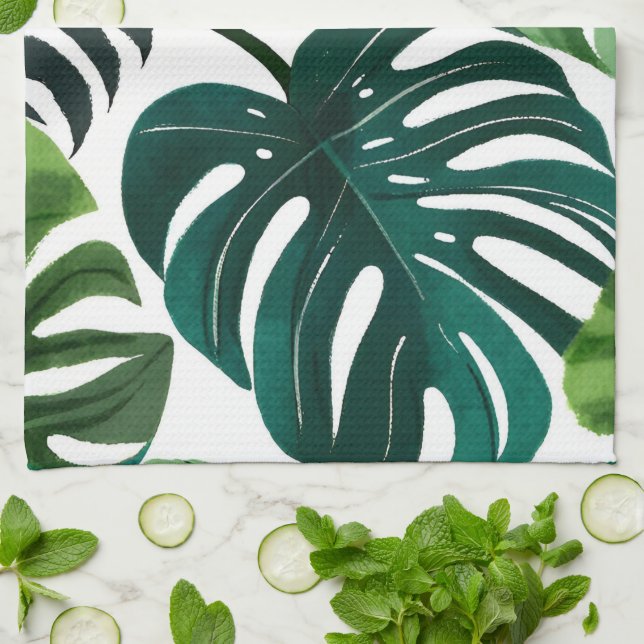 Monstera blad Vattenfärg Botanisk Tropisk Kökshandduk (Vikta)