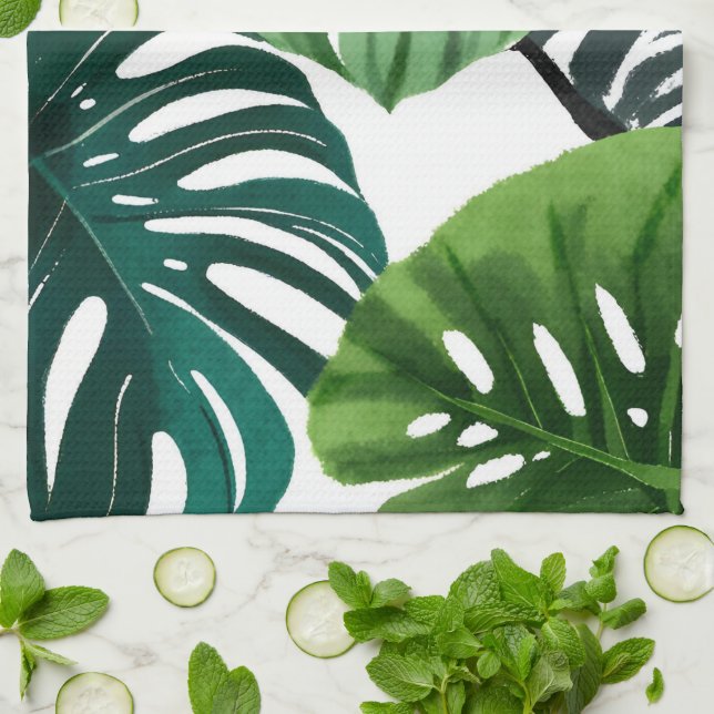 Monstera blad vattenfärg modern botanisk kökshandduk (Vikta)