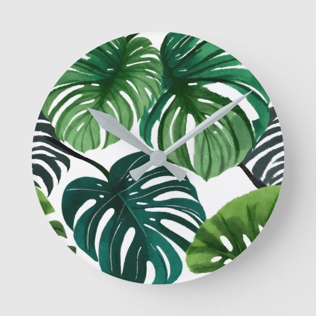 Monstera blad vattenfärg modern botanisk rund klocka (Framsida)