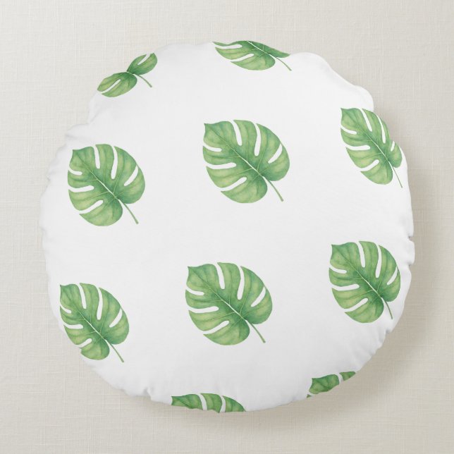 Monstera bladgrön design.  rund kudde (Framsidan)