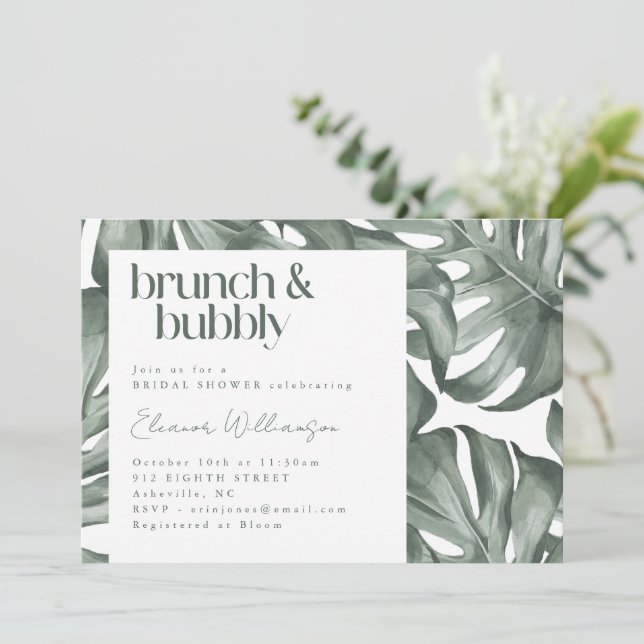 Monstera Botanical Watercolor Grönt Brunch BubLY Inbjudningar (Stående Fram)