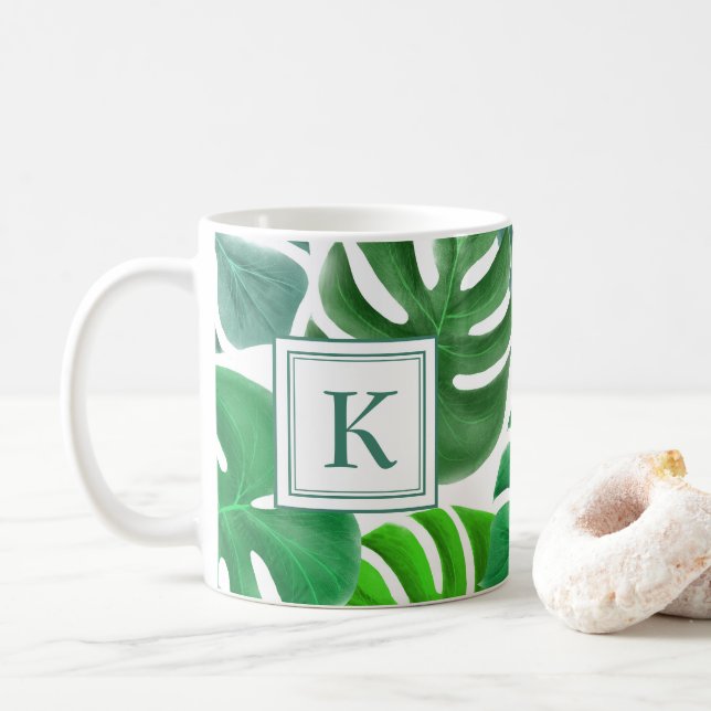 Monstera Deliciosa Löv Jungle Mönster Monogram Kaffemugg (Med munk)