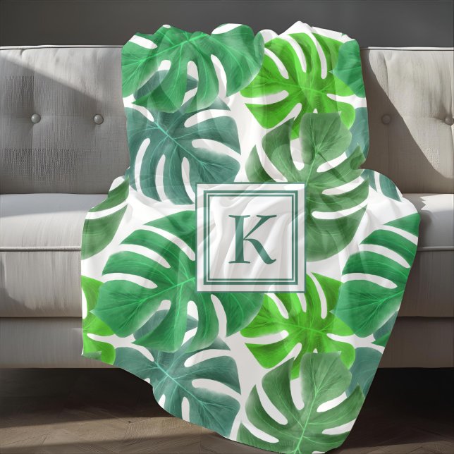 Monstera Deliciosa Löv Monogram Mönster Fleecefilt (Monstera Deliciosa Leaves Monogram Pattern Fleece Blanket)