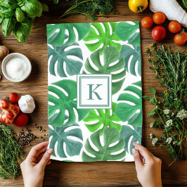 Monstera Deliciosa Löv Monogrammed Mönster Kökshandduk