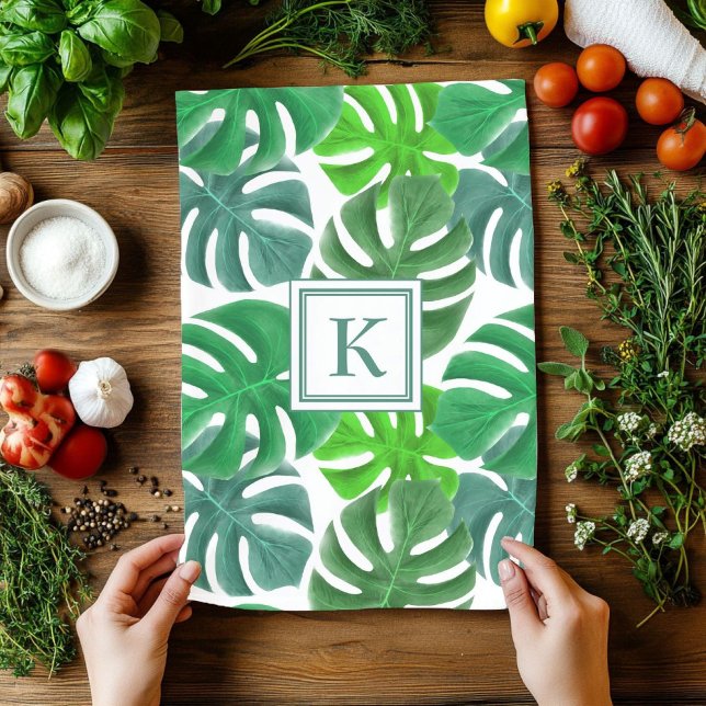 Monstera Deliciosa Löv Monogrammed Mönster Kökshandduk (Monstera Deliciosa Leaves Monogrammed Pattern Kitchen Towel)