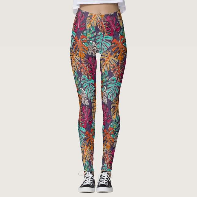 Monstera deliciosa plommon leggings (Framsida)