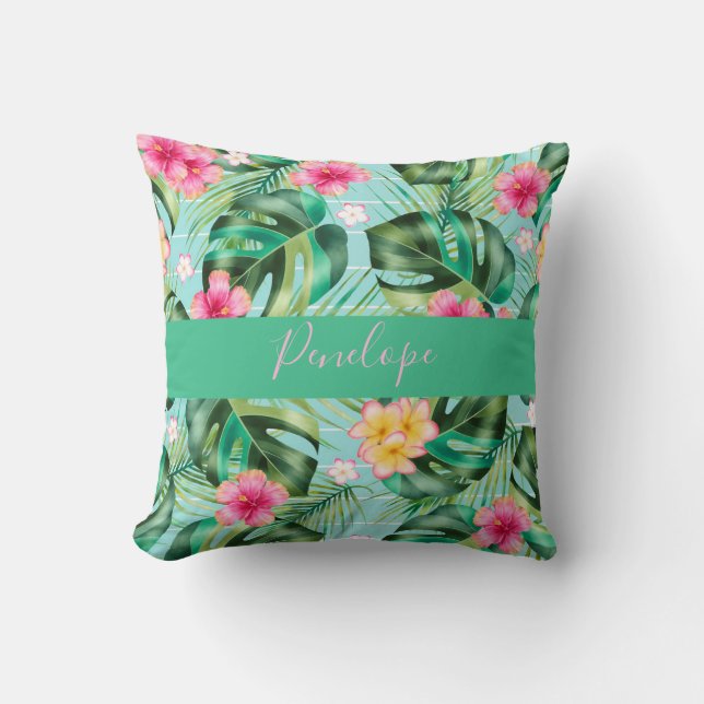 Monstera Fern Löv Rosa Tropical Flower Monogram Kudde (Framsida)