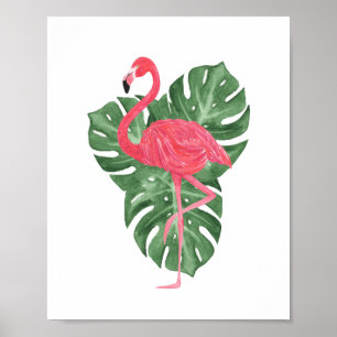Monstera för rosa Flamingo för vattenfärg tropi Poster