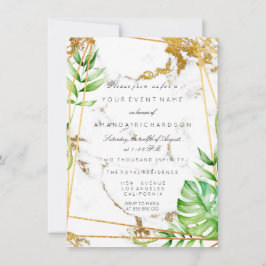 Monstera Guld Poligonal Ram Greenery Marble Inbjudningar