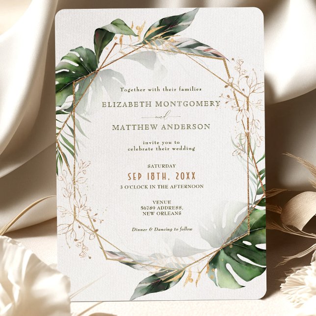 Monstera Guld Watercolor Wedding bjudande Inbjudningar (Skapare uppladdad)