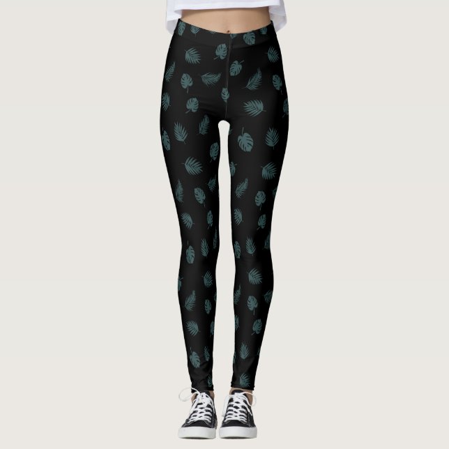 Monstera Handflatan Löv Tropical Mönster Leggings (Framsida)