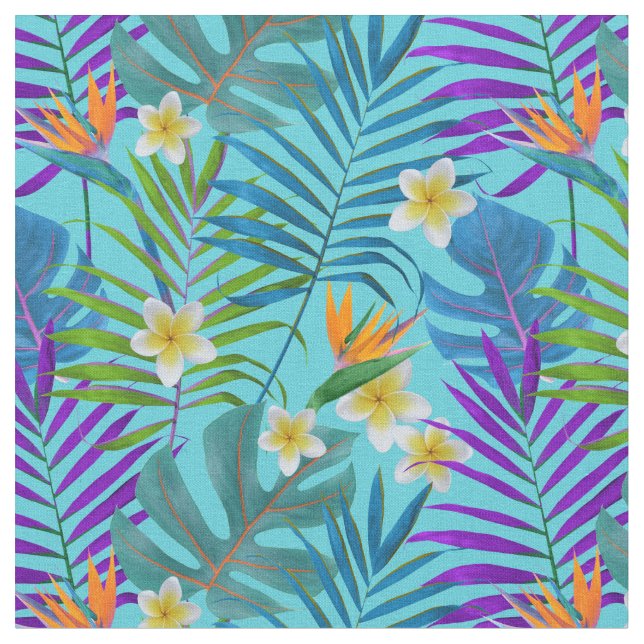 Monstera Handflatan Träd Plumeria Birds of Paradis Tyg (Närbild)