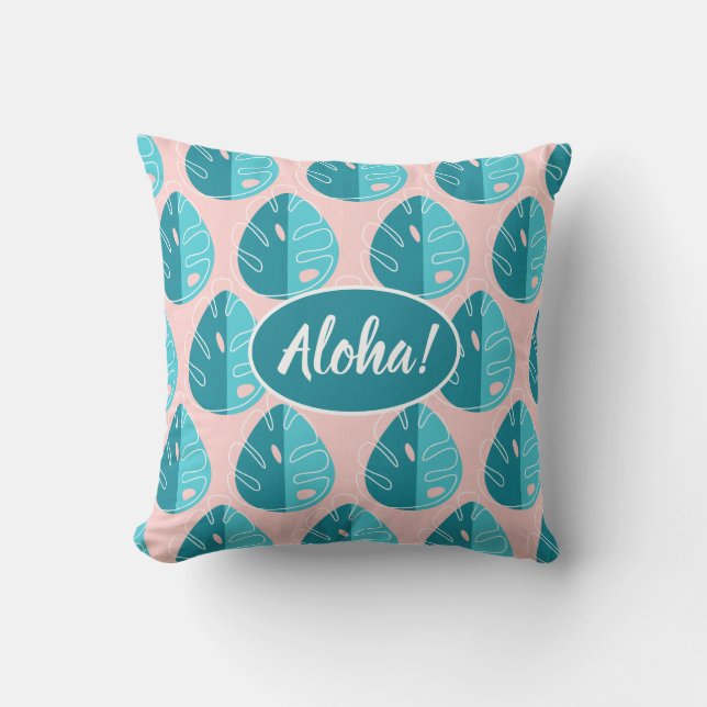 Monstera Leaves - Blue and Pink Kudde (Framsida)